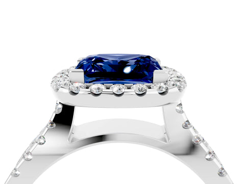 White gold Princess Cut Blue Sapphire Halo Ring with Split Shank Pavé Band and Prong Setting_4