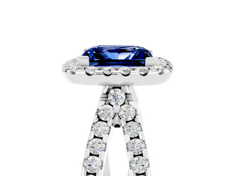 White gold Princess Cut Blue Sapphire Halo Ring with Split Shank Pavé Band and Prong Setting_5