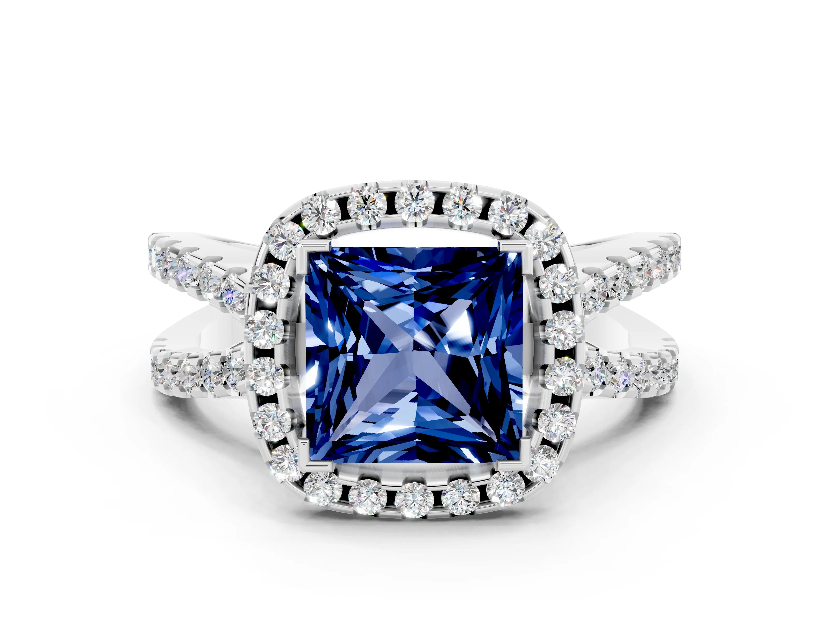 White gold Princess Cut Blue Sapphire Halo Ring with Split Shank Pavé Band and Prong Setting