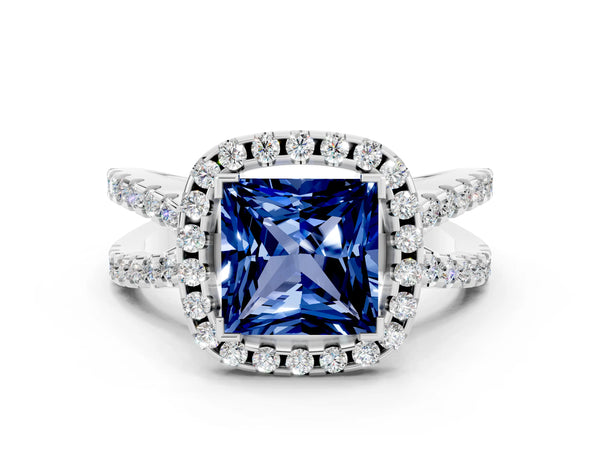 Silver Princess Cut Blue Sapphire Halo Ring with Split Shank Pavé Band and Prong Setting