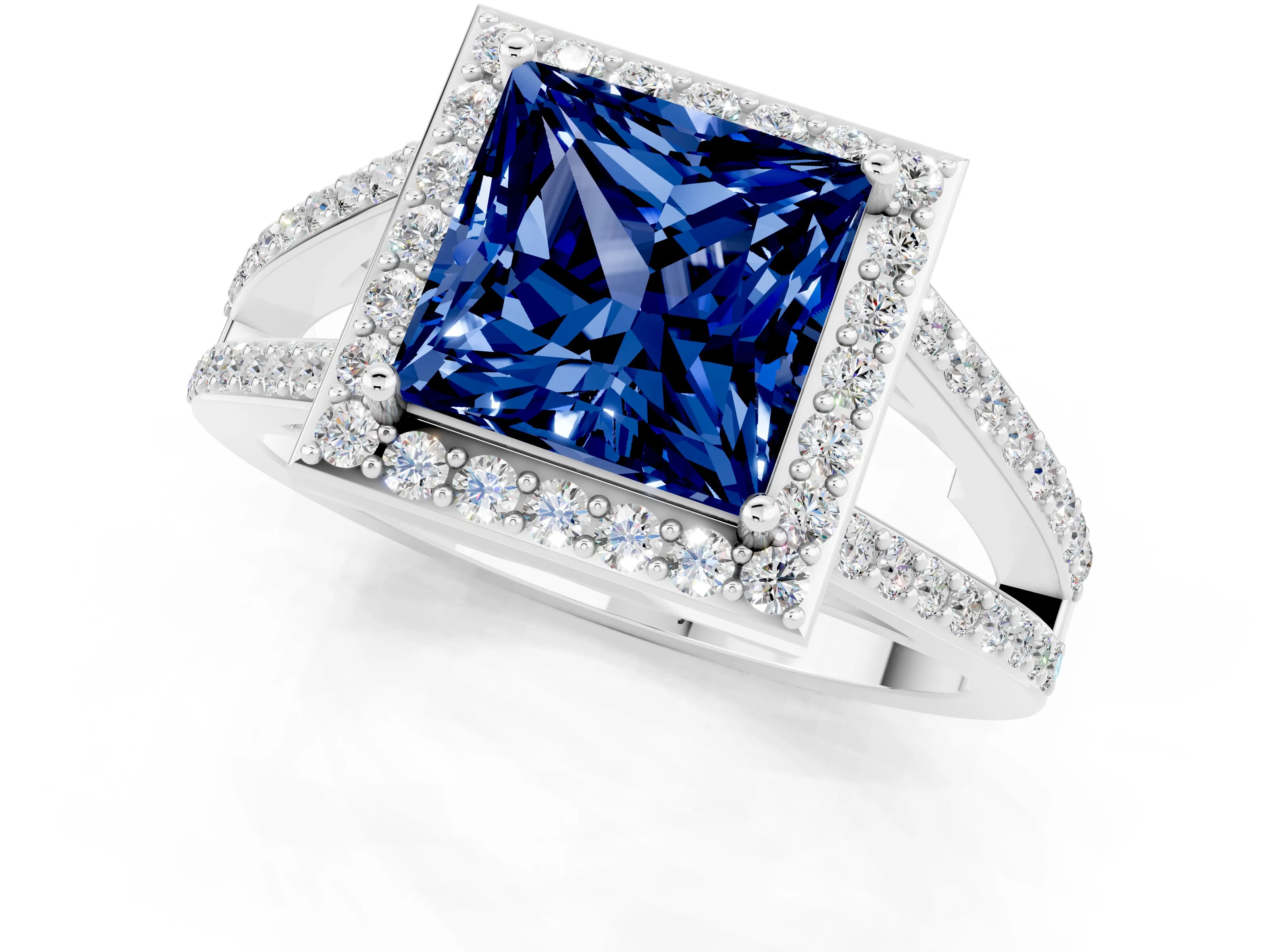 White gold Princess Cut Blue Sapphire Halo Ring with Split Shank U-Prong Band and Four-Prong Setting_1