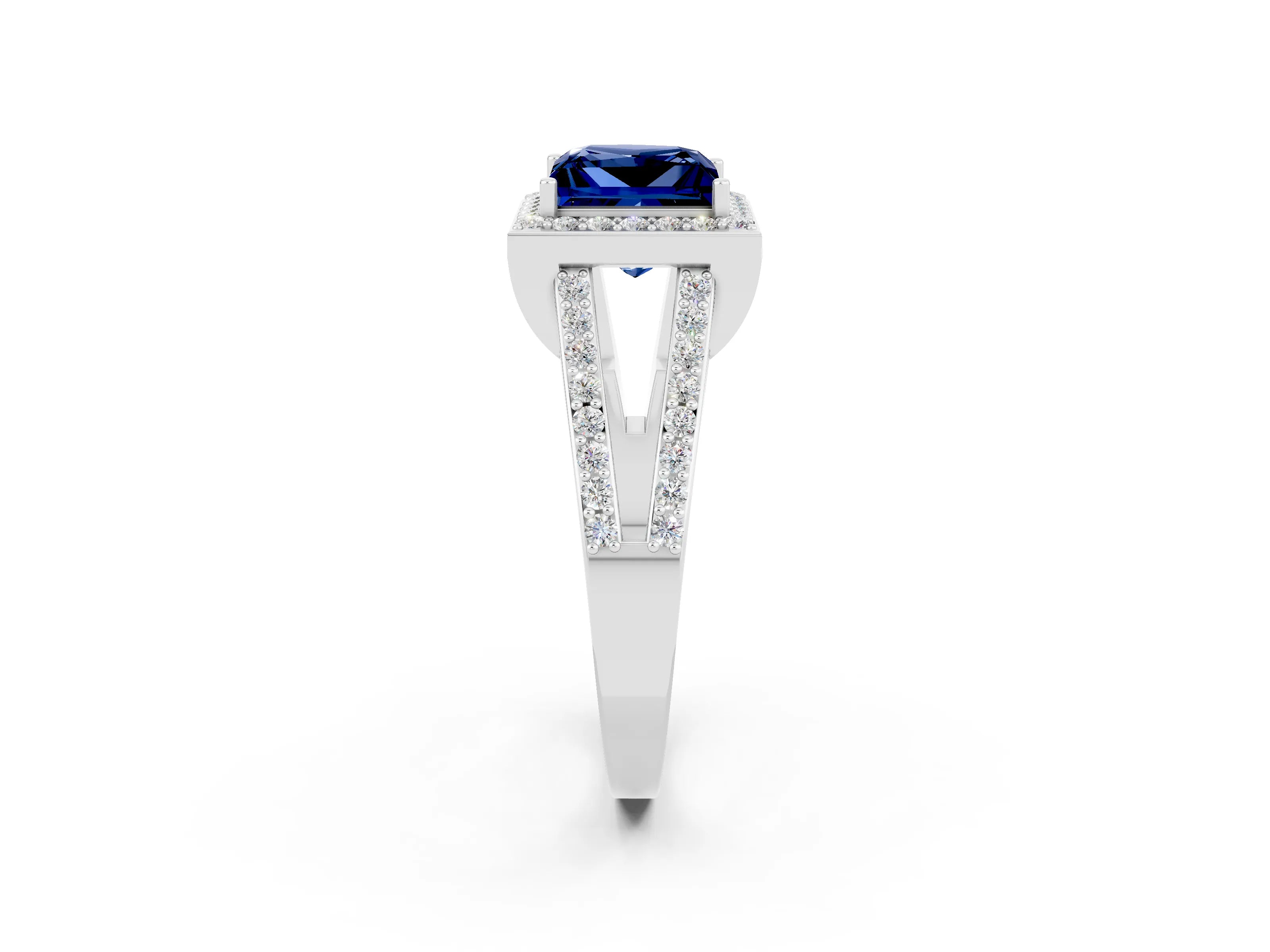 White gold Princess Cut Blue Sapphire Halo Ring with Split Shank U-Prong Band and Four-Prong Setting_2