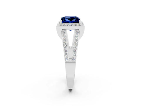 White gold Princess Cut Blue Sapphire Halo Ring with Split Shank U-Prong Band and Four-Prong Setting_2
