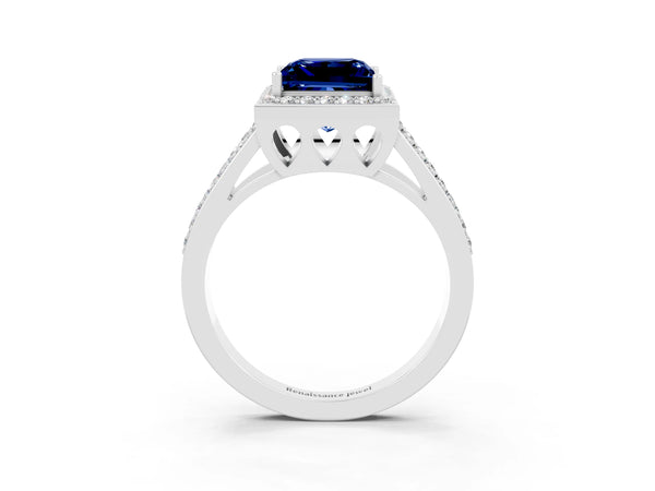 Platinum Princess Cut Blue Sapphire Halo Ring with Split Shank U-Prong Band and Four-Prong Setting