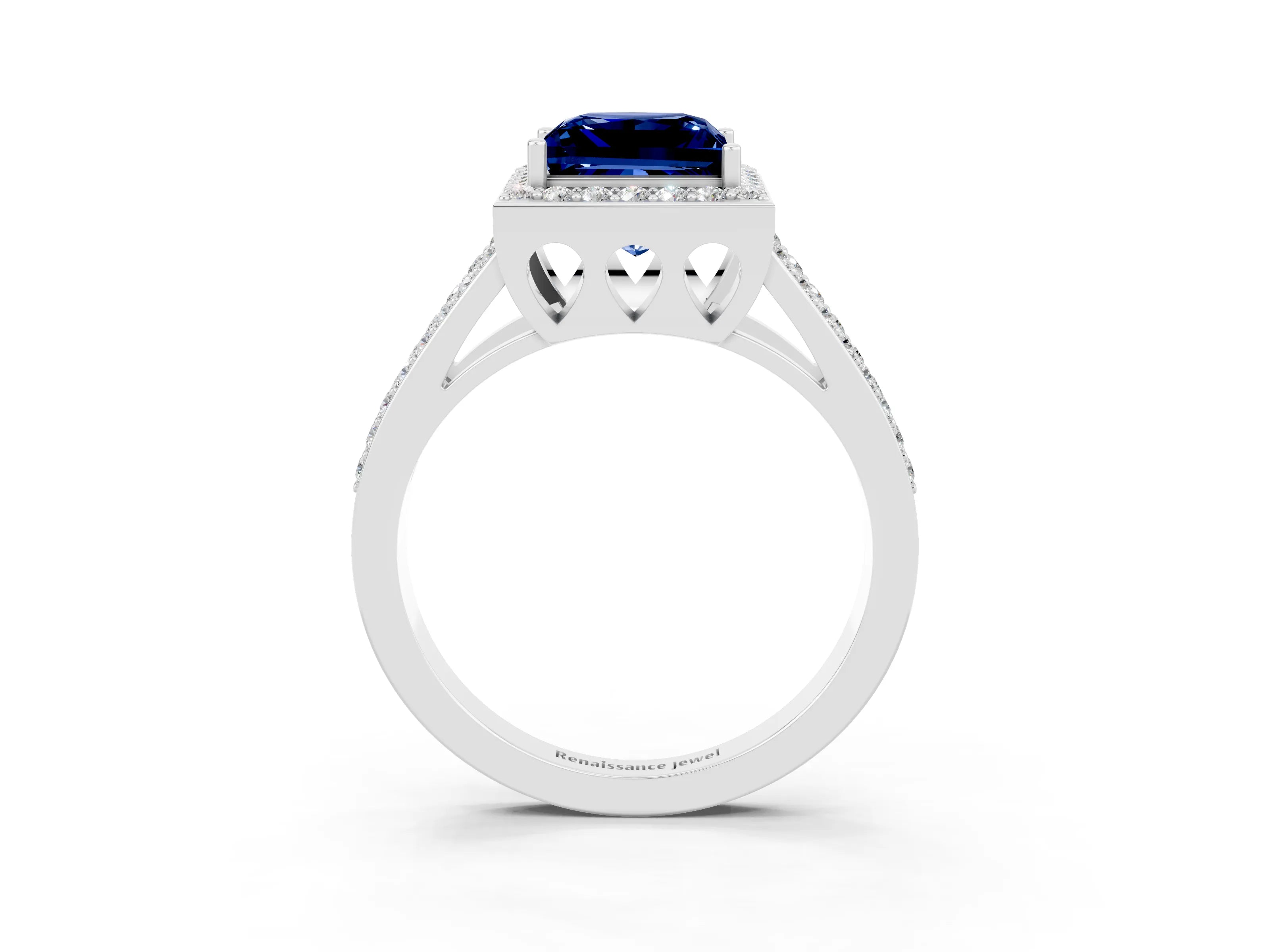 White gold Princess Cut Blue Sapphire Halo Ring with Split Shank U-Prong Band and Four-Prong Setting_3