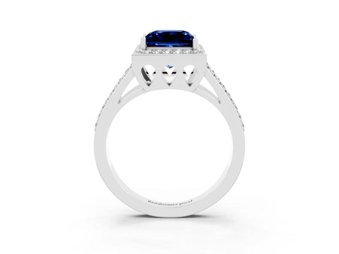 White gold Princess Cut Blue Sapphire Halo Ring with Split Shank U-Prong Band and Four-Prong Setting_3