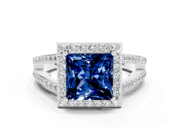 White gold Princess Cut Blue Sapphire Halo Ring with Split Shank U-Prong Band and Four-Prong Setting