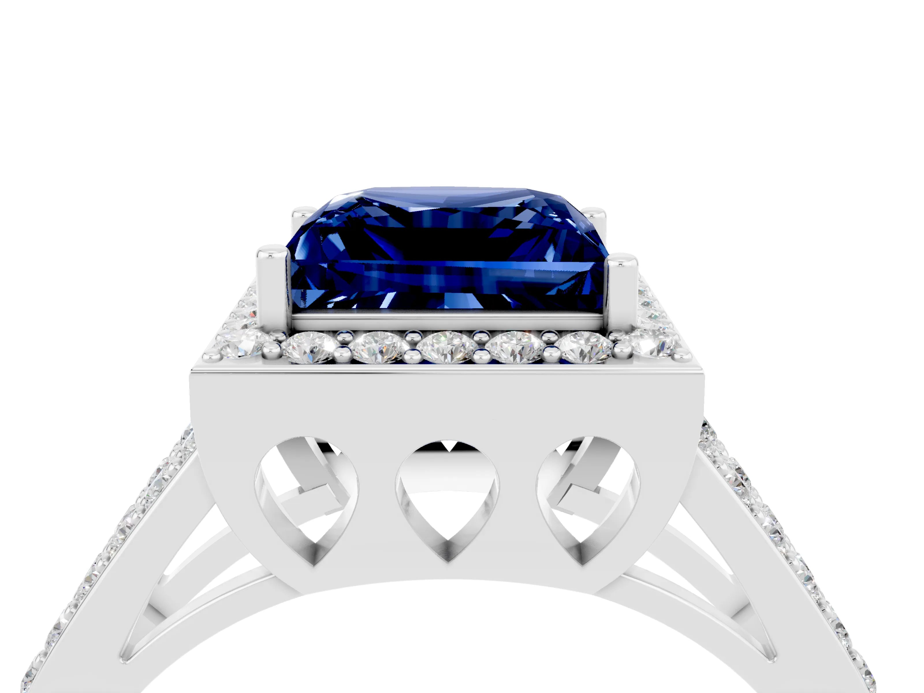 White gold Princess Cut Blue Sapphire Halo Ring with Split Shank U-Prong Band and Four-Prong Setting_4