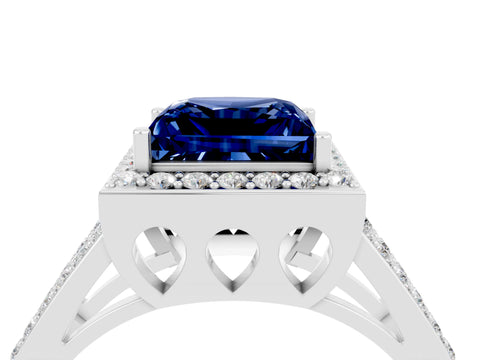 White gold Princess Cut Blue Sapphire Halo Ring with Split Shank U-Prong Band and Four-Prong Setting_4