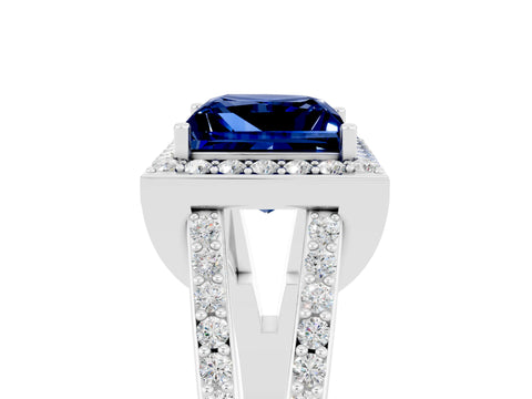White gold Princess Cut Blue Sapphire Halo Ring with Split Shank U-Prong Band and Four-Prong Setting_5