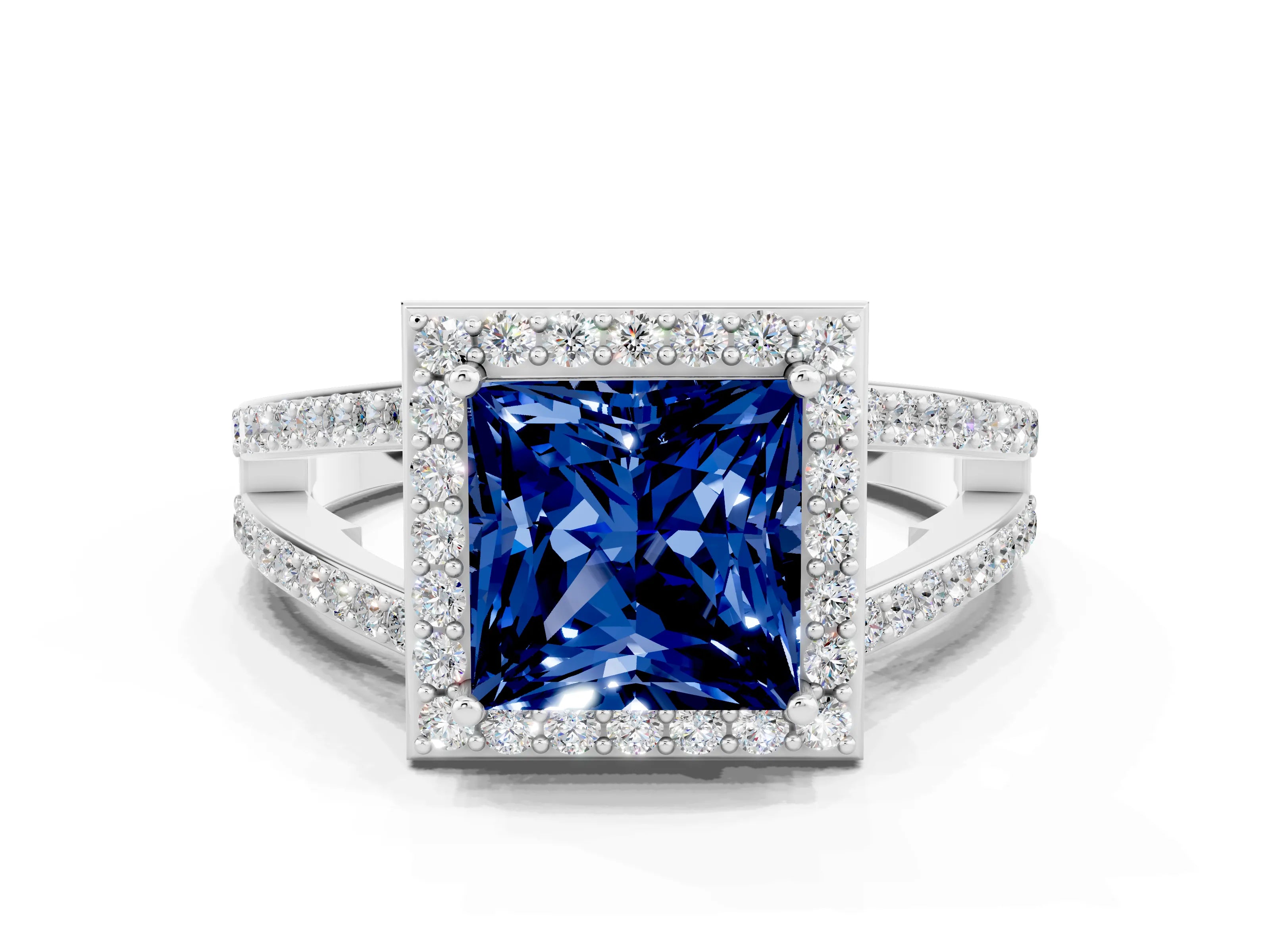 White gold Princess Cut Blue Sapphire Halo Ring with Split Shank U-Prong Band and Four-Prong Setting