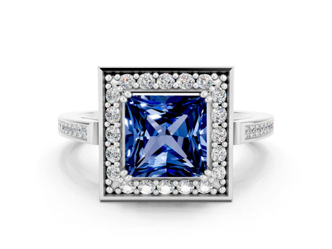 White gold Princess Cut Blue Sapphire Halo Ring with Split Shank and Four-Prong Setting_12