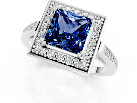 White gold Princess Cut Blue Sapphire Halo Ring with Split Shank and Four-Prong Setting_13