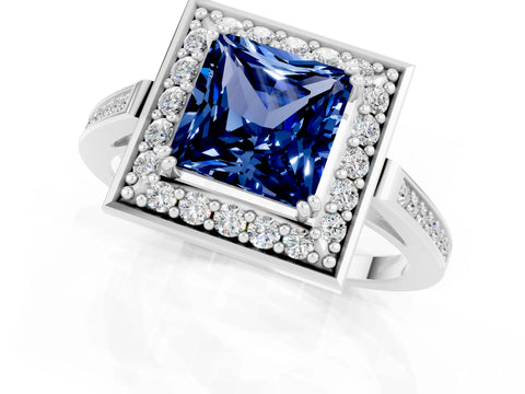 White gold Princess Cut Blue Sapphire Halo Ring with Split Shank and Four-Prong Setting_13