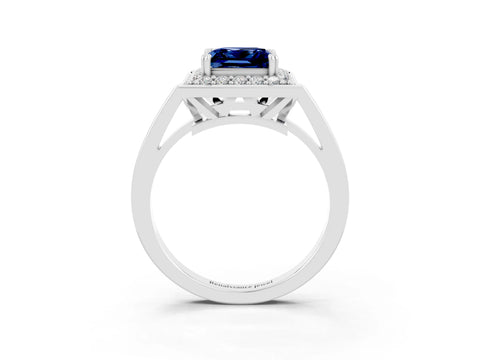 White gold Princess Cut Blue Sapphire Halo Ring with Split Shank and Four-Prong Setting_15