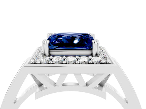 White gold Princess Cut Blue Sapphire Halo Ring with Split Shank and Four-Prong Setting_16