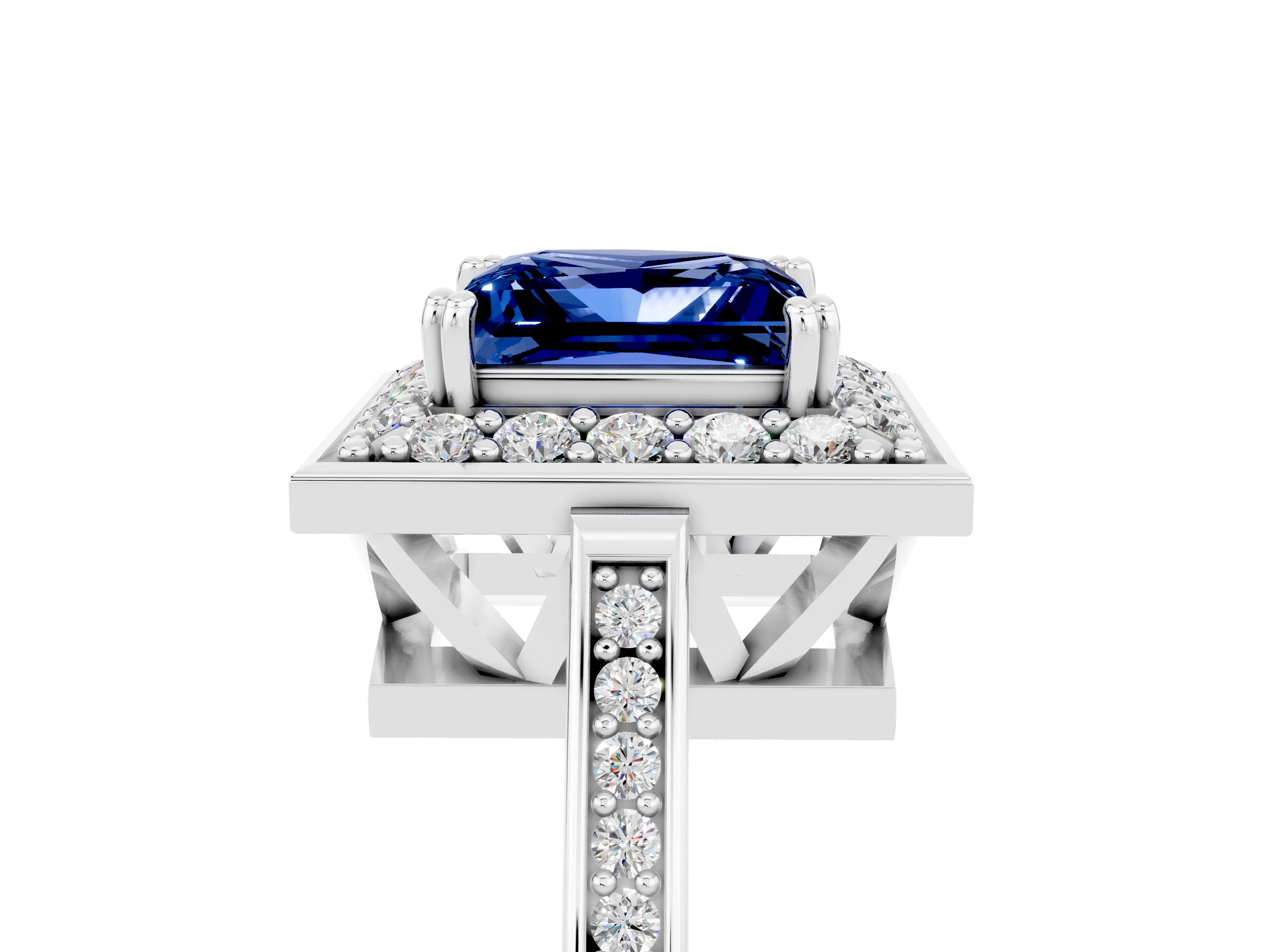 White gold Princess Cut Blue Sapphire Halo Ring with Split Shank and Four-Prong Setting_17