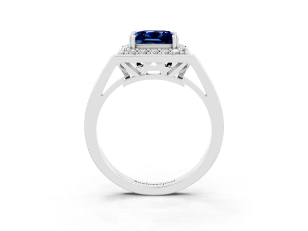 White gold Princess Cut Blue Sapphire Halo Ring with Split Shank and Four-Prong Setting