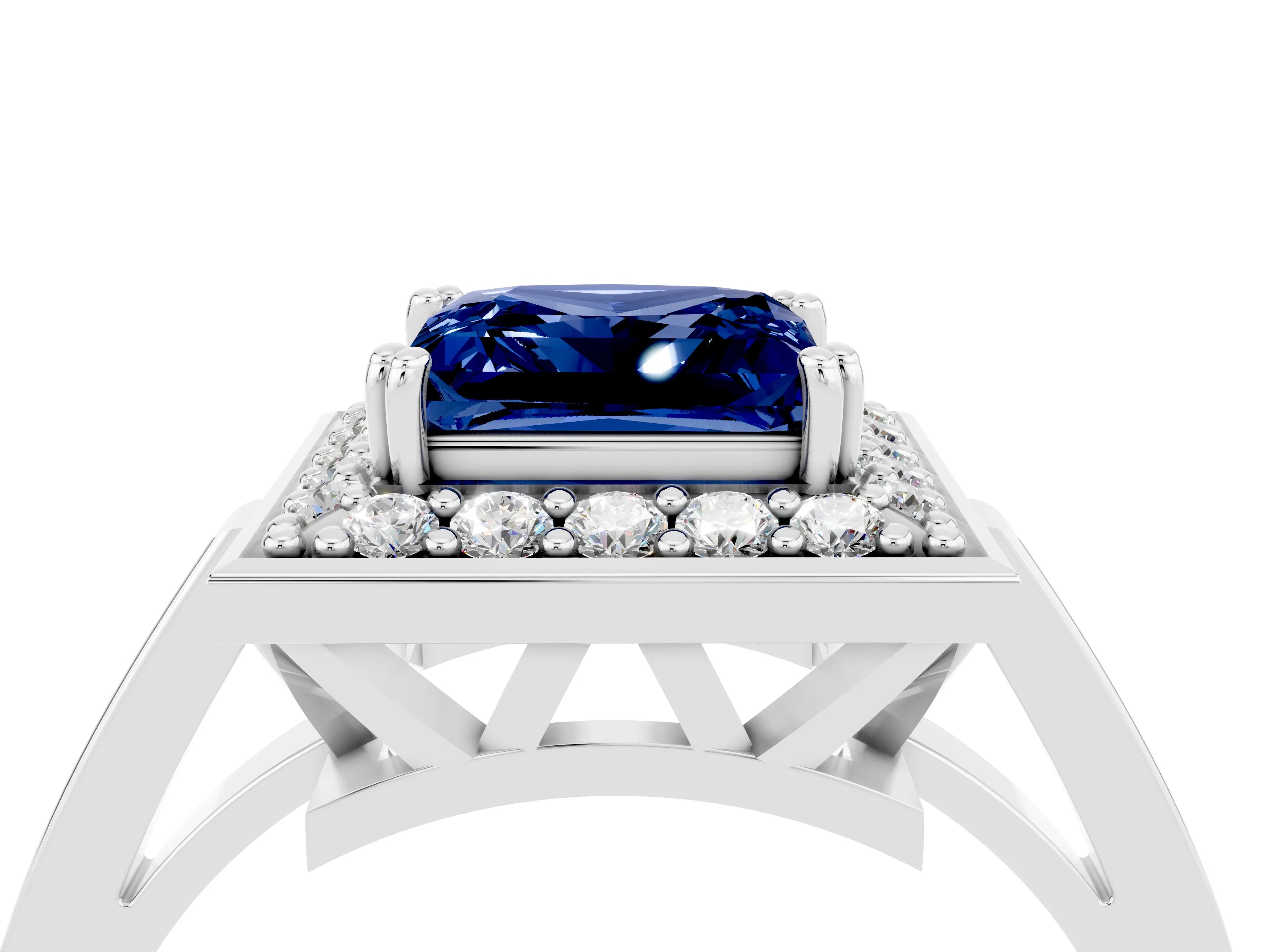 White gold Princess Cut Blue Sapphire Halo Ring with Split Shank and Four-Prong Setting_22