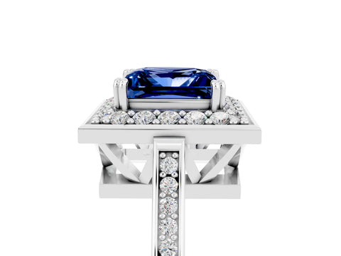 White gold Princess Cut Blue Sapphire Halo Ring with Split Shank and Four-Prong Setting_23