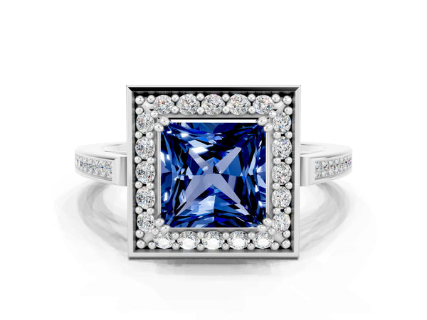 Platinum Princess Cut Blue Sapphire Halo Ring with Split Shank and Four-Prong Setting