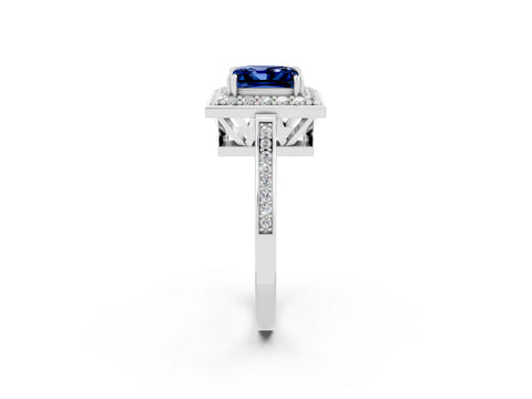 White gold Princess Cut Blue Sapphire Halo Ring with Split Shank and Four-Prong Setting_26