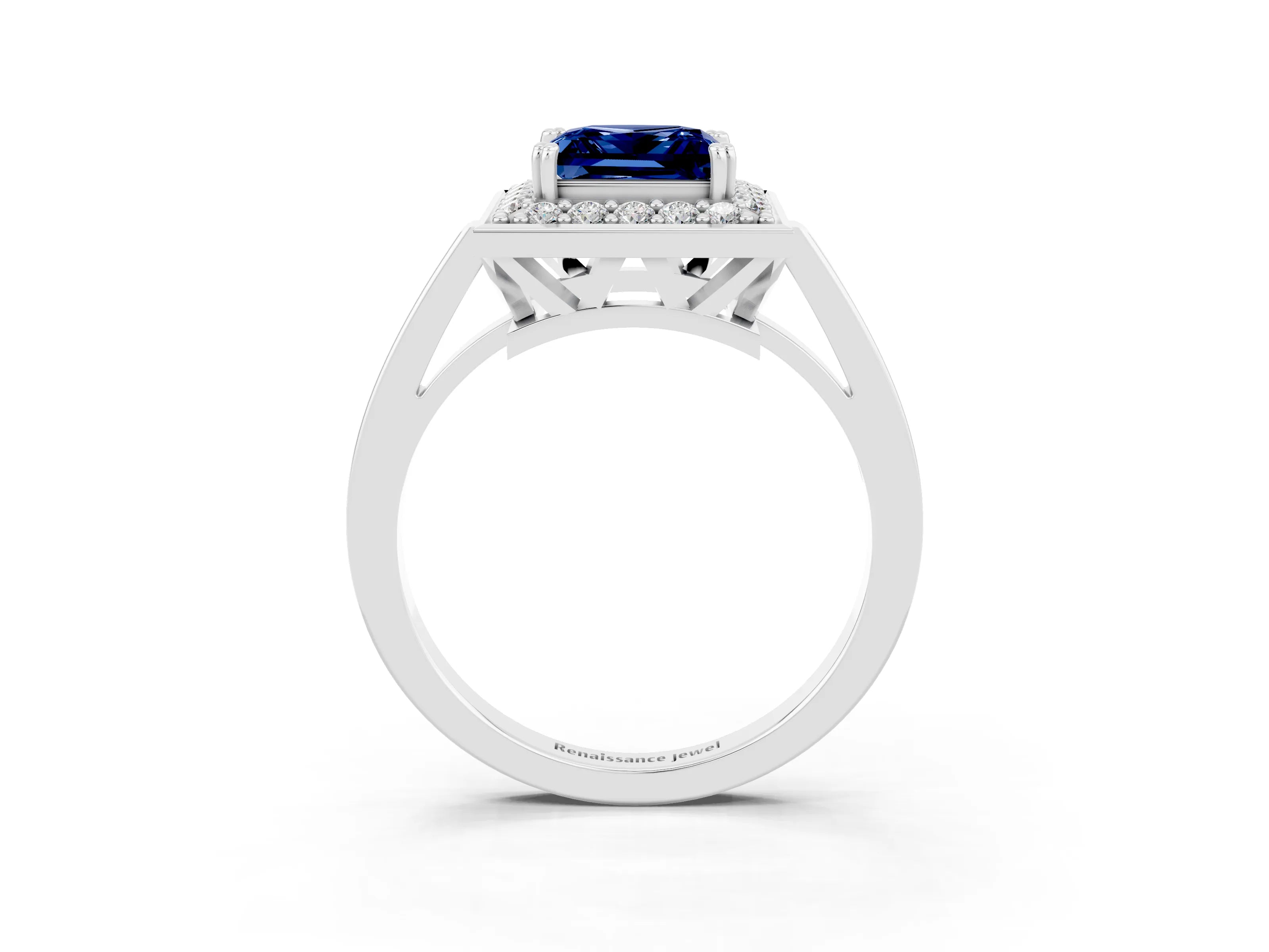 White gold Princess Cut Blue Sapphire Halo Ring with Split Shank and Four-Prong Setting_27
