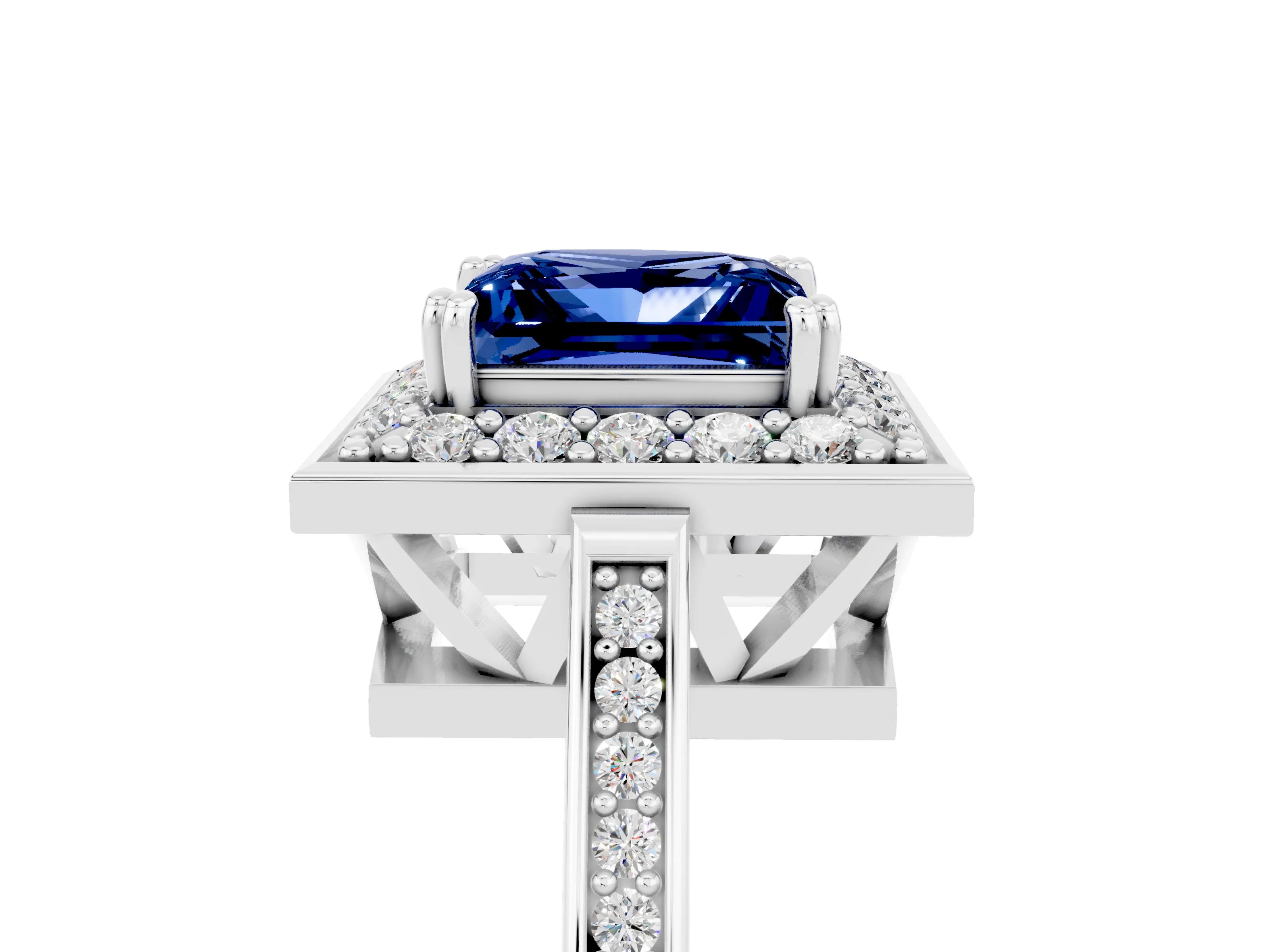 White gold Princess Cut Blue Sapphire Halo Ring with Split Shank and Four-Prong Setting_5