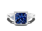 White gold Princess Cut Blue Sapphire Halo Ring with Tapered Band and Four-Prong Setting