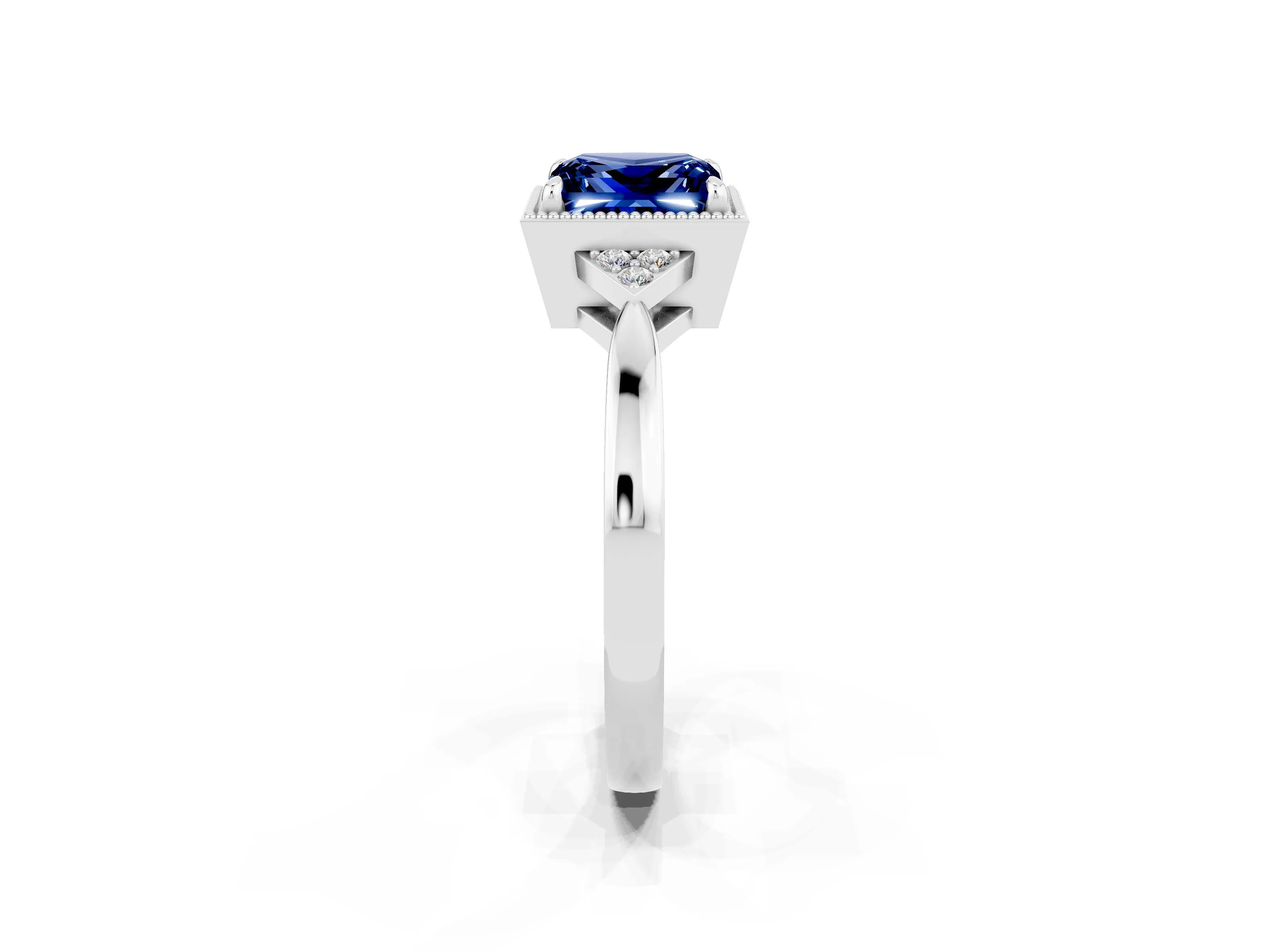 White gold Princess Cut Blue Sapphire Halo Ring with Tapered Band and Four-Prong Setting_2