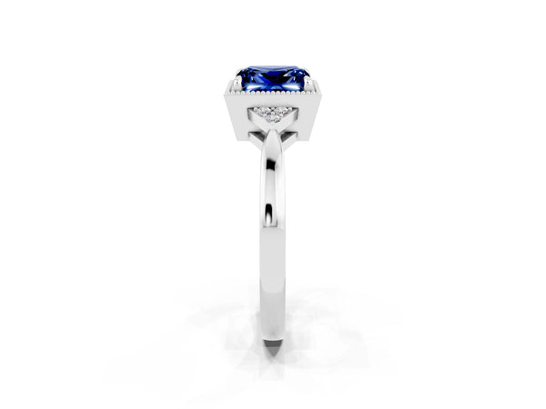 White gold Princess Cut Blue Sapphire Halo Ring with Tapered Band and Four-Prong Setting