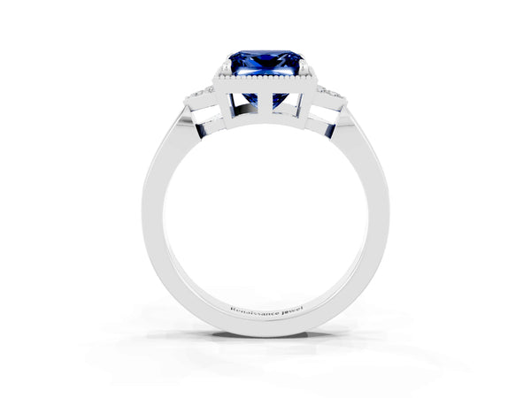 Platinum Princess Cut Blue Sapphire Halo Ring with Tapered Band and Four-Prong Setting