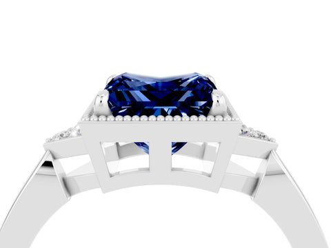 White gold Princess Cut Blue Sapphire Halo Ring with Tapered Band and Four-Prong Setting_4