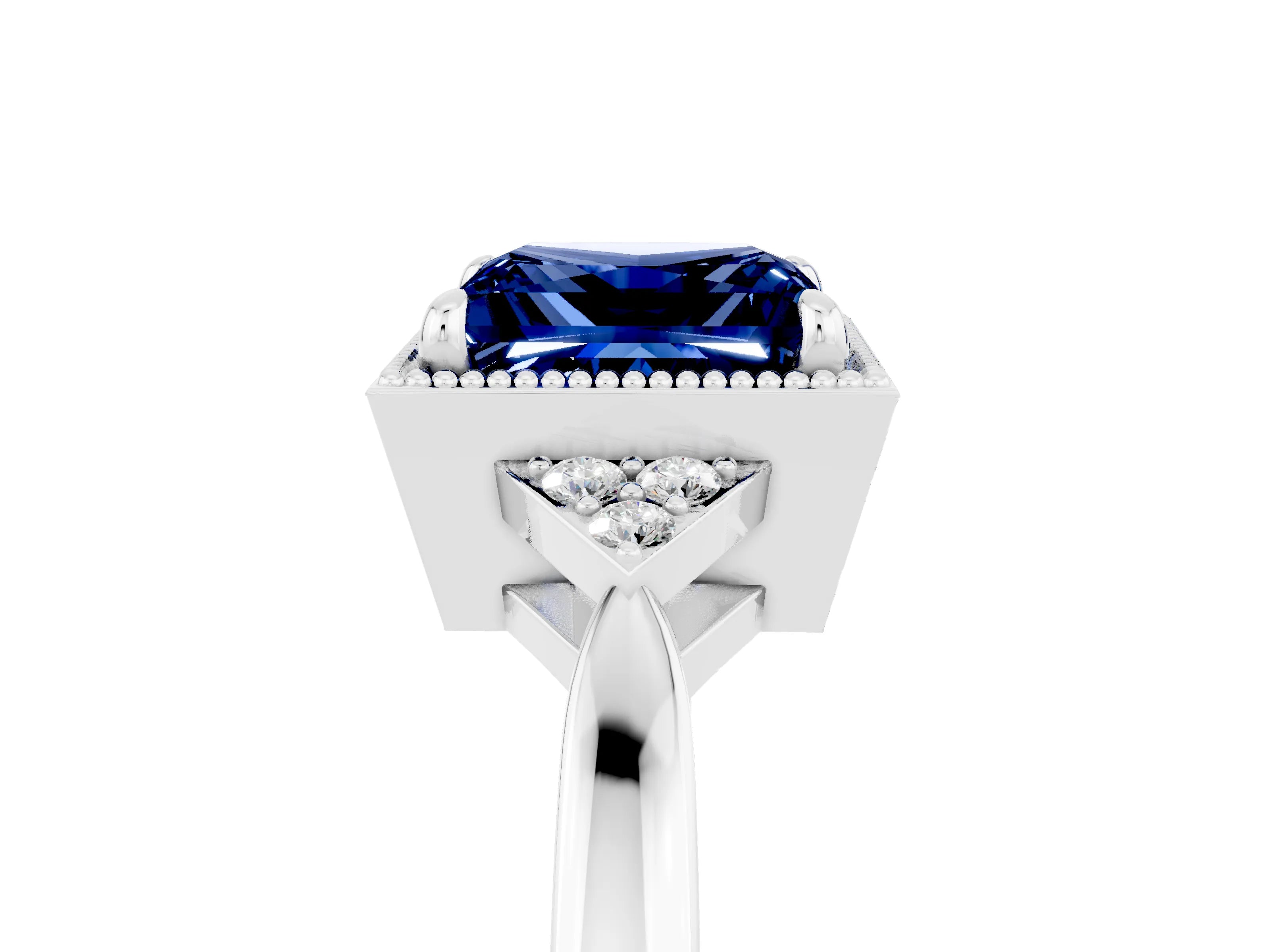 White gold Princess Cut Blue Sapphire Halo Ring with Tapered Band and Four-Prong Setting_5