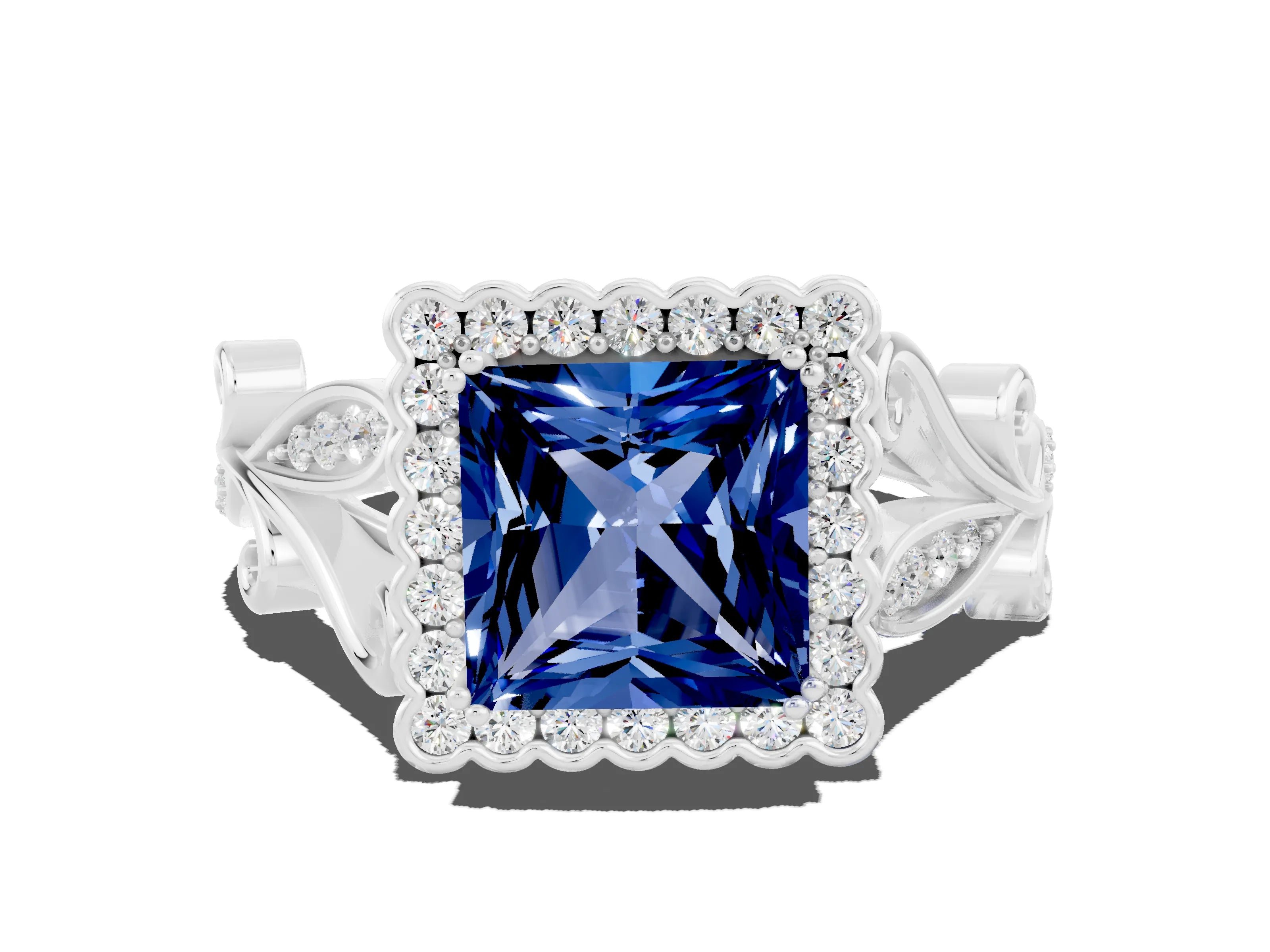 White gold Princess Cut Blue Sapphire Halo Ring with Vintage Split Shank and Four-Prong Setting_24