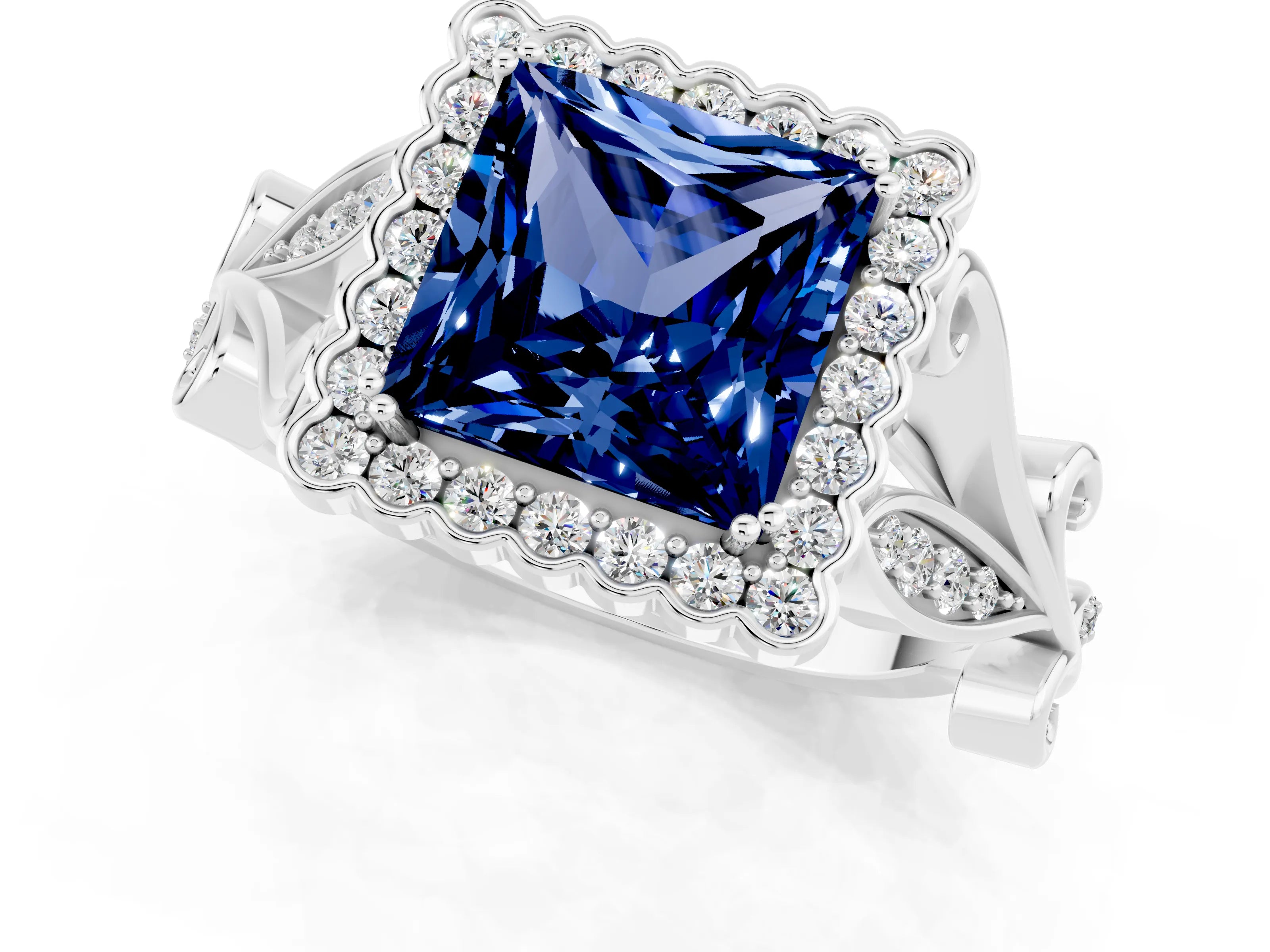 White gold Princess Cut Blue Sapphire Halo Ring with Vintage Split Shank and Four-Prong Setting_25