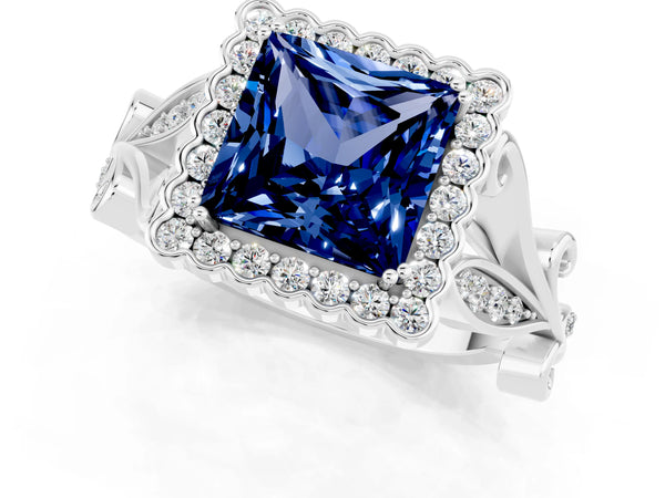 Platinum Princess Cut Blue Sapphire Halo Ring with Vintage Split Shank and Four-Prong Setting