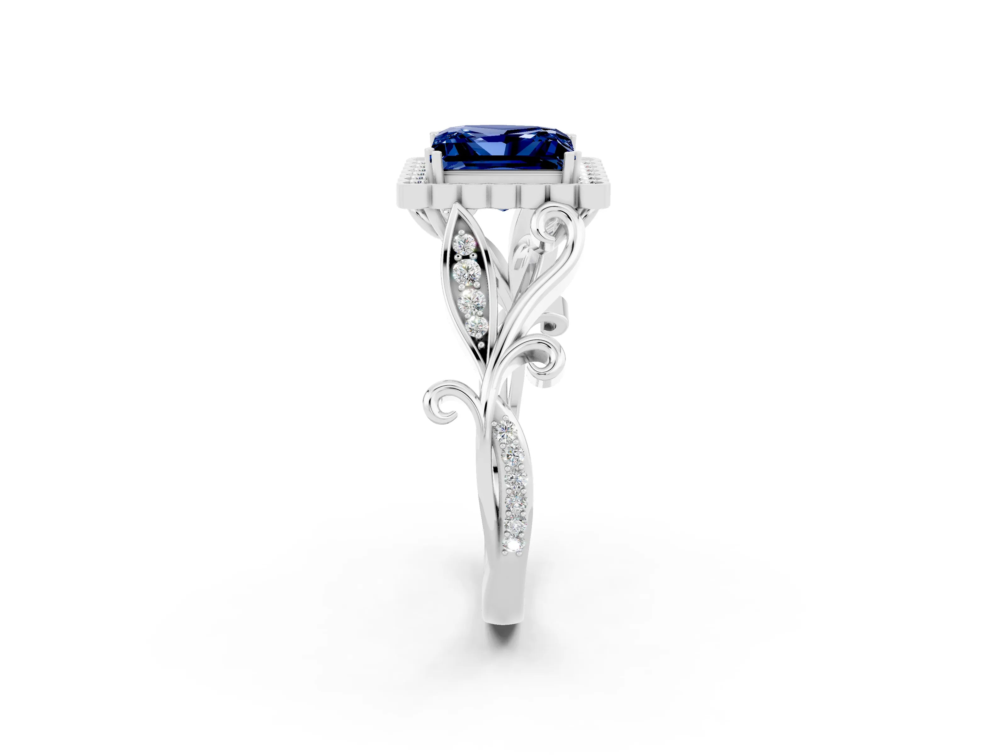White gold Princess Cut Blue Sapphire Halo Ring with Vintage Split Shank and Four-Prong Setting_26
