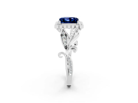 White gold Princess Cut Blue Sapphire Halo Ring with Vintage Split Shank and Four-Prong Setting_26