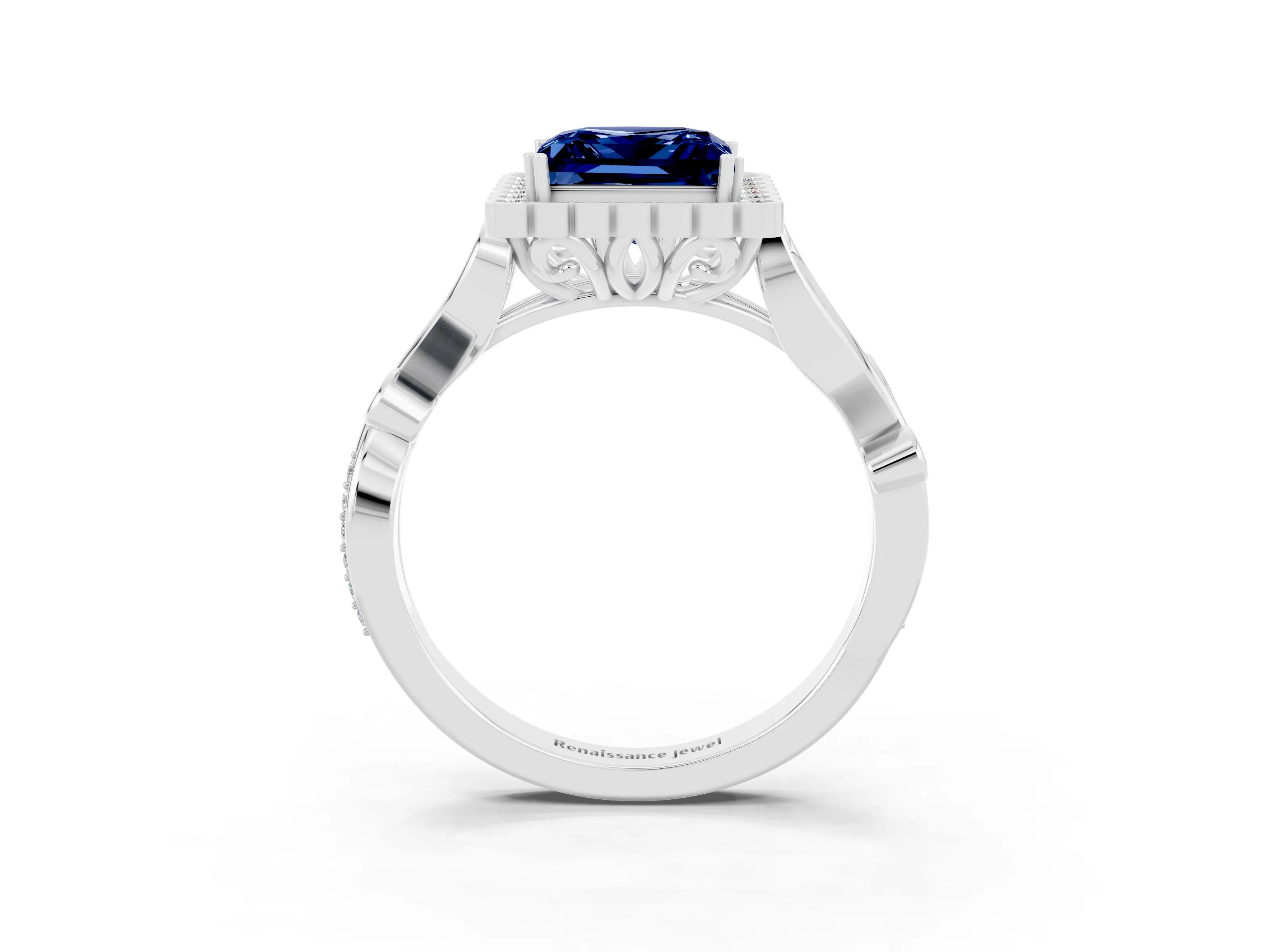 White gold Princess Cut Blue Sapphire Halo Ring with Vintage Split Shank and Four-Prong Setting_27