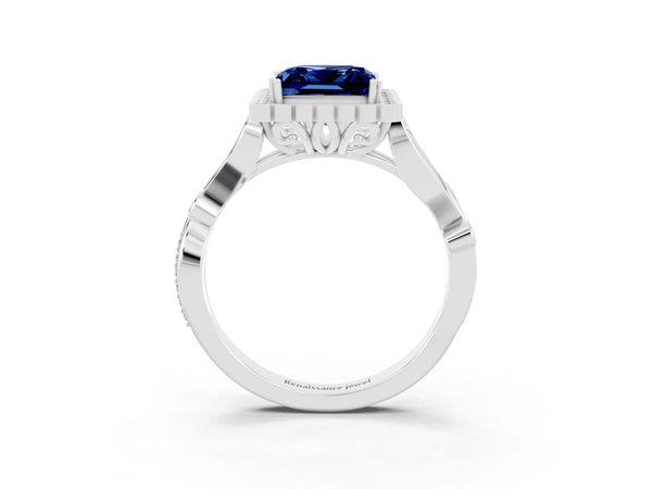 Silver Princess Cut Blue Sapphire Halo Ring with Vintage Split Shank and Four-Prong Setting