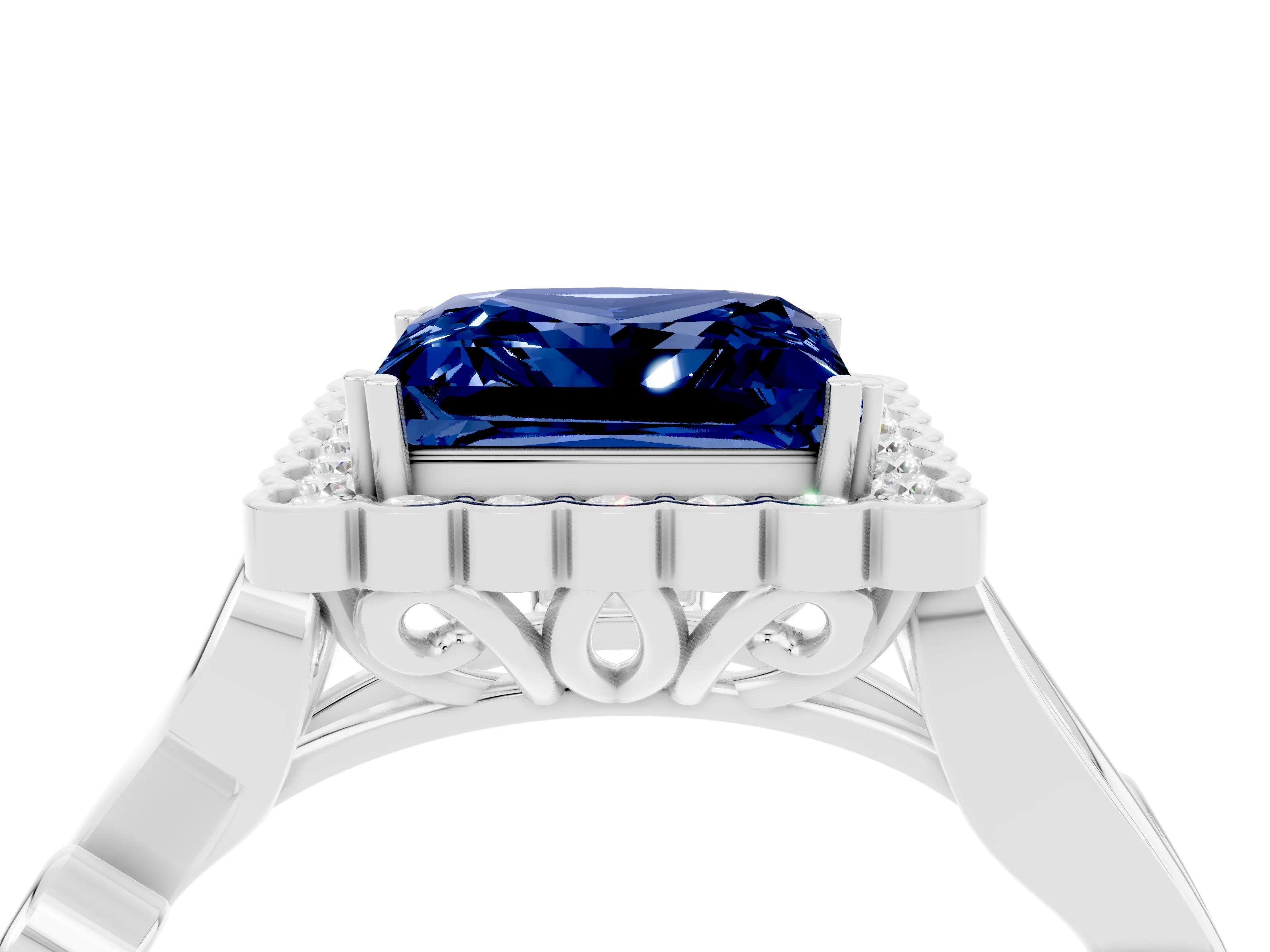 White gold Princess Cut Blue Sapphire Halo Ring with Vintage Split Shank and Four-Prong Setting_28