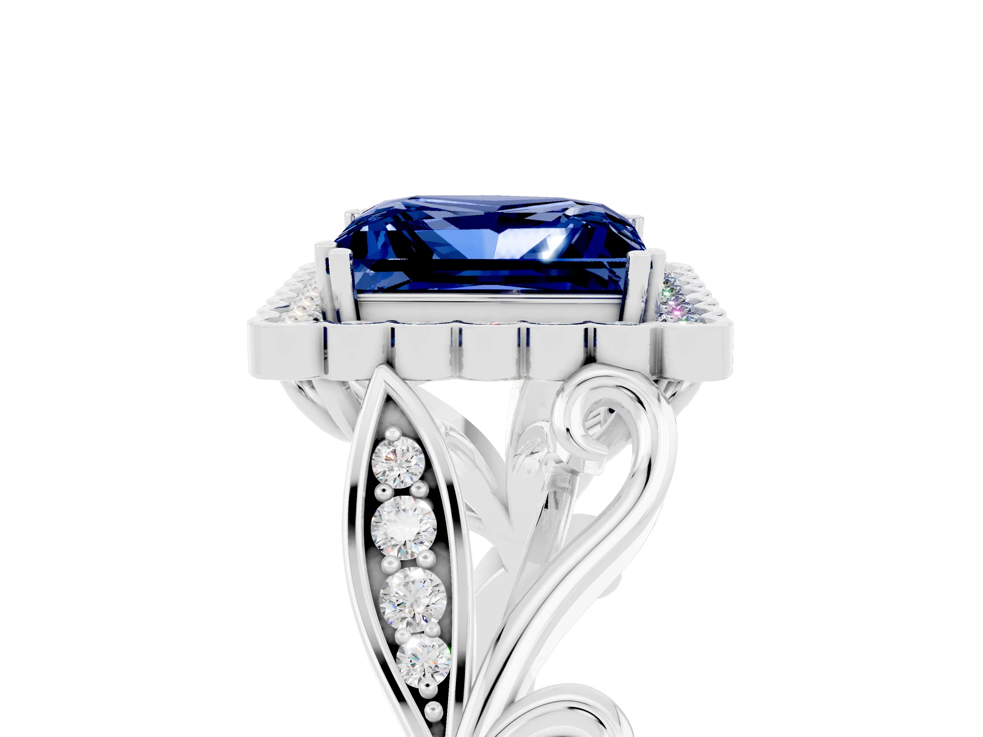 White gold Princess Cut Blue Sapphire Halo Ring with Vintage Split Shank and Four-Prong Setting_29