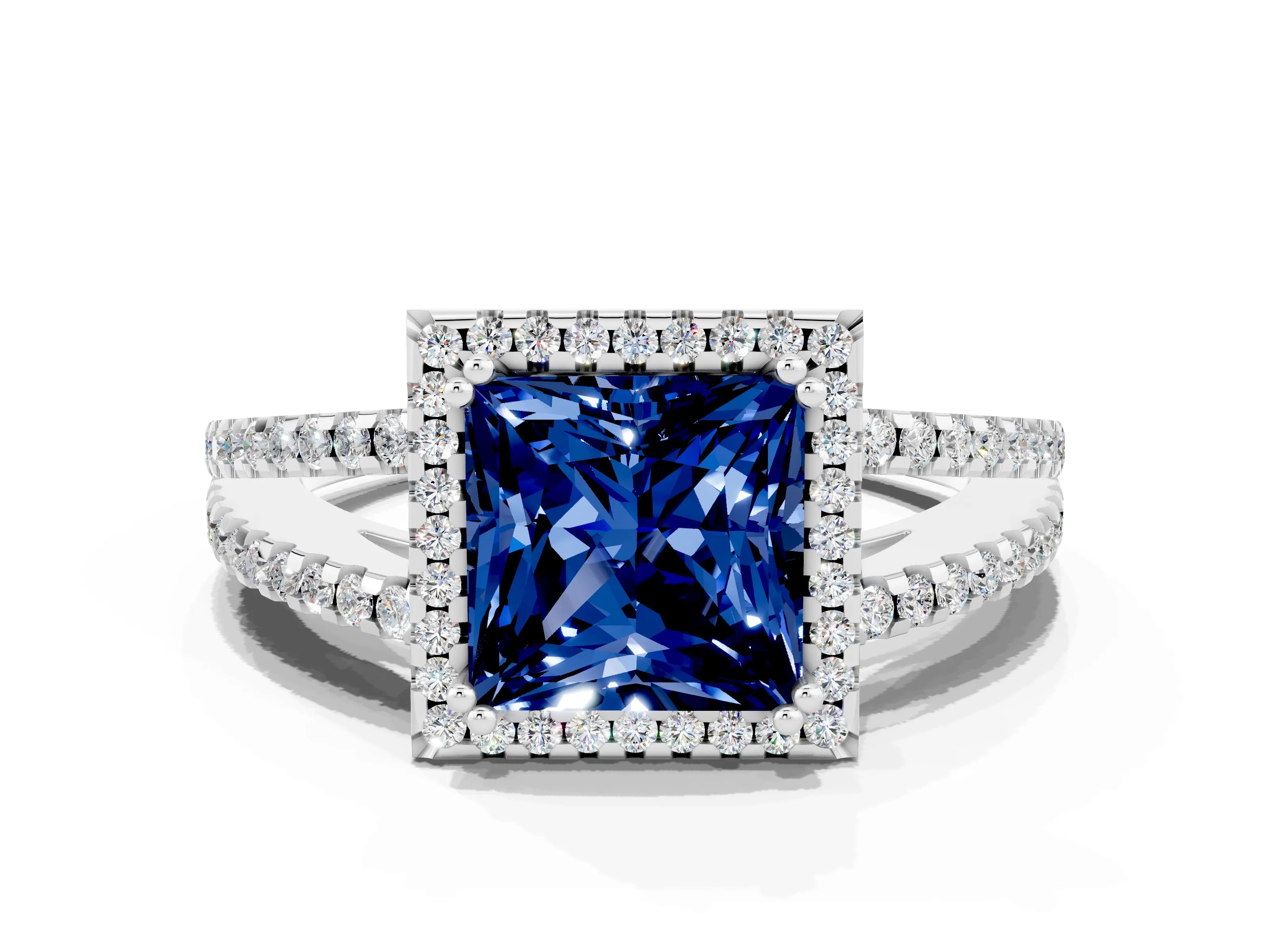 White gold Princess Cut Blue Sapphire Halo Split Shank Engagement Ring_12