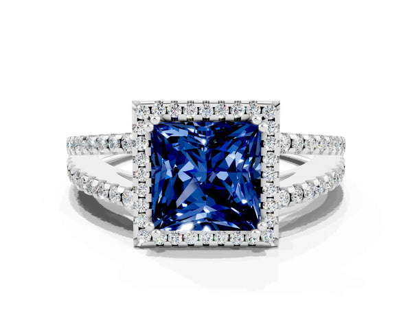 Platinum Princess Cut Blue Sapphire Halo Split Shank Engagement Ring