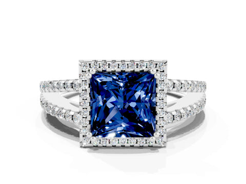 White gold Princess Cut Blue Sapphire Halo Split Shank Engagement Ring_12