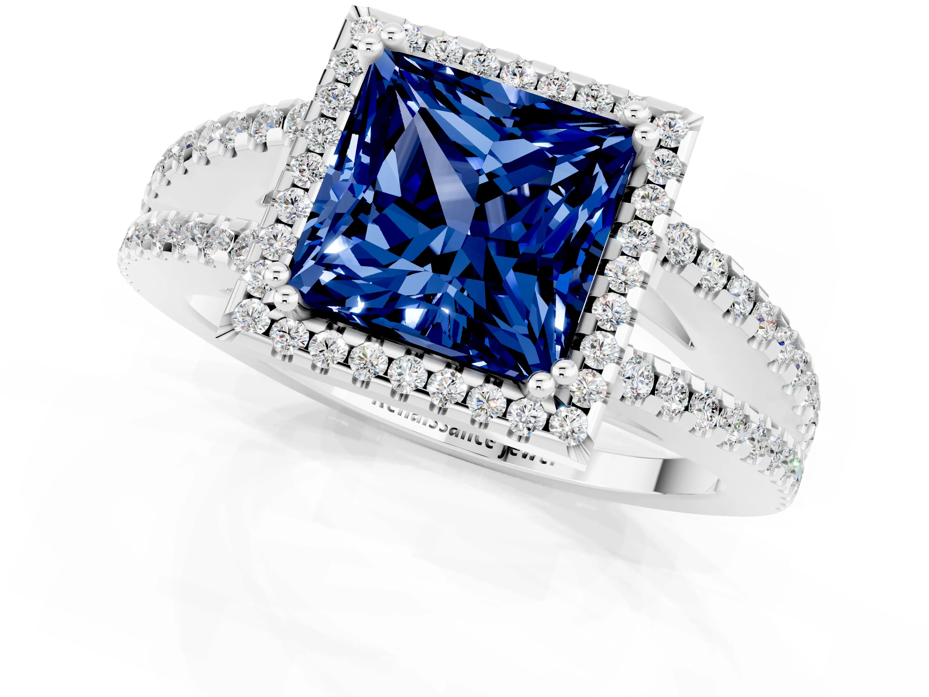 White gold Princess Cut Blue Sapphire Halo Split Shank Engagement Ring_13