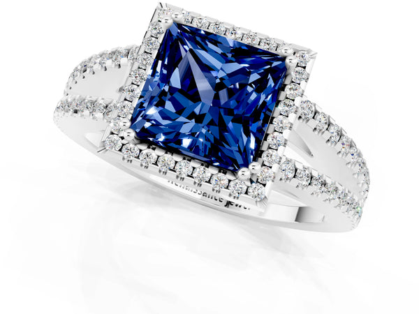 Silver Princess Cut Blue Sapphire Halo Split Shank Engagement Ring