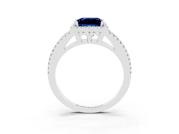 White gold Princess Cut Blue Sapphire Halo Split Shank Engagement Ring