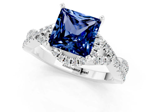 White gold Princess Cut Blue Sapphire Halo Twist Band Solitaire Prong Setting Ring_1